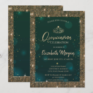 Invitación Tiara Verde Chic Dorado,Sequins Verde Quinceañera