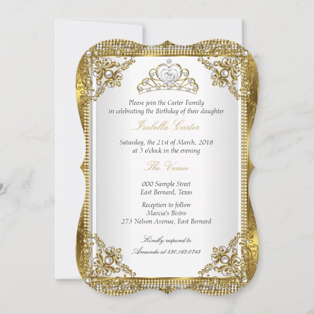 Invitación Tiara White Gold Pearl Damask Fiesta de cumpleaños (Anverso)