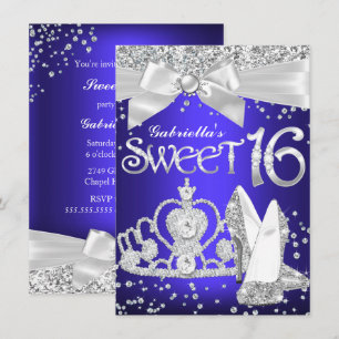 Invitación Tiara y tacones brillantes Dulces 16 azul real mor