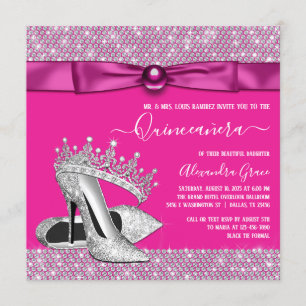 Invitación Tiara zapato de Diamante Rosa Magenta Quinceanera