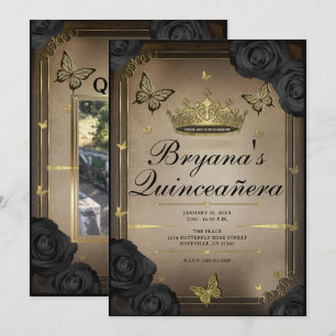Invitación Tiaras de oro mariposas rosas negras Quinceañera 
