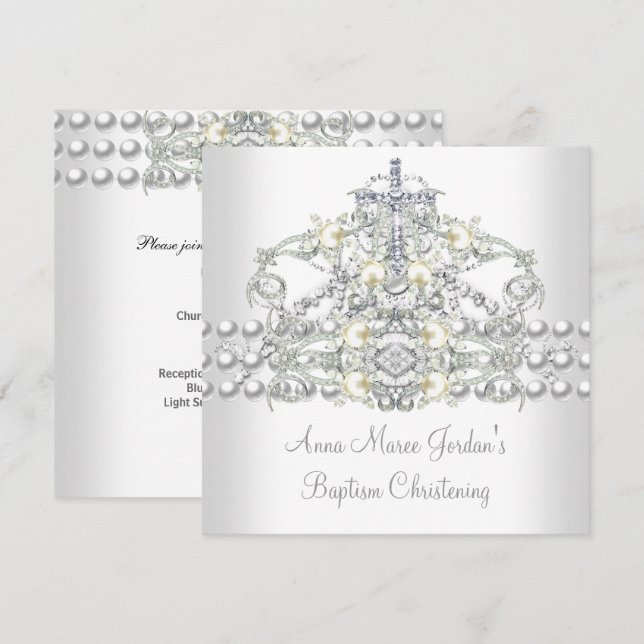 Invitación Tiaro de Bautizo Plata Perla Blanca Diamante (Anverso / Reverso)
