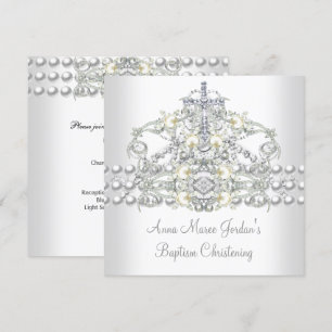 Invitación Tiaro de Bautizo Plata Perla Blanca Diamante