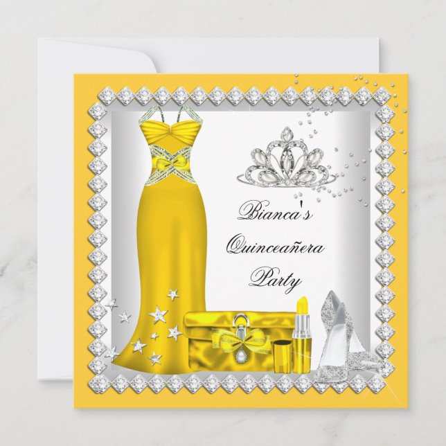 Invitación Tiarra Amarilla Quinceañera Fiesta de Cumpleaños 1 (Anverso)
