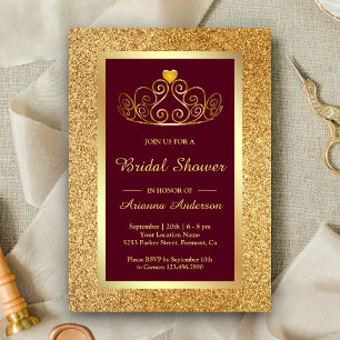 Invitación Tiarra de purpurina dorada Princesa Burgundy Despe