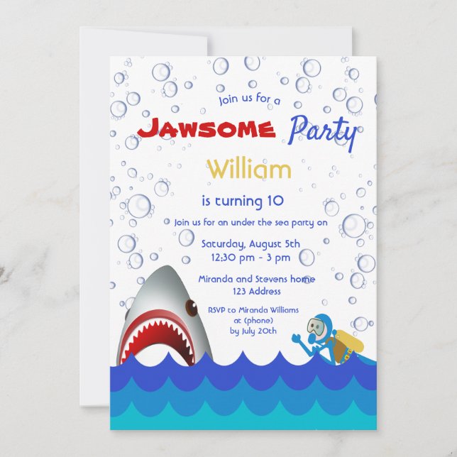 Invitación Tiburón bajo el mar Niño de la décima fiesta de cu (Anverso)