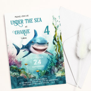 Invitación Tiburón bajo el mar Océano Temático Niños Cumpleañ