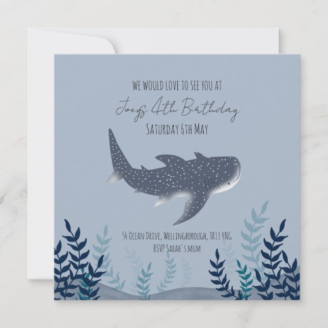 Invitación Tiburón Ballena Azul Adorable Bajo el Mar Nombre (Anverso)