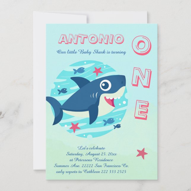 Invitación Tiburón bebé en su primer cumpleaños bajo el mar a (Anverso)