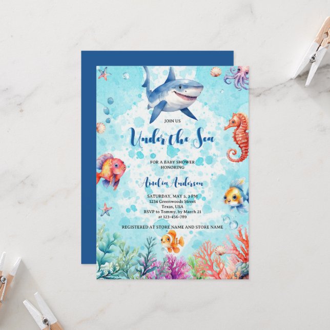 Invitación Tiburón blanco bajo el mar criaturas Baby Shower (Anverso/Reverso In Situ)