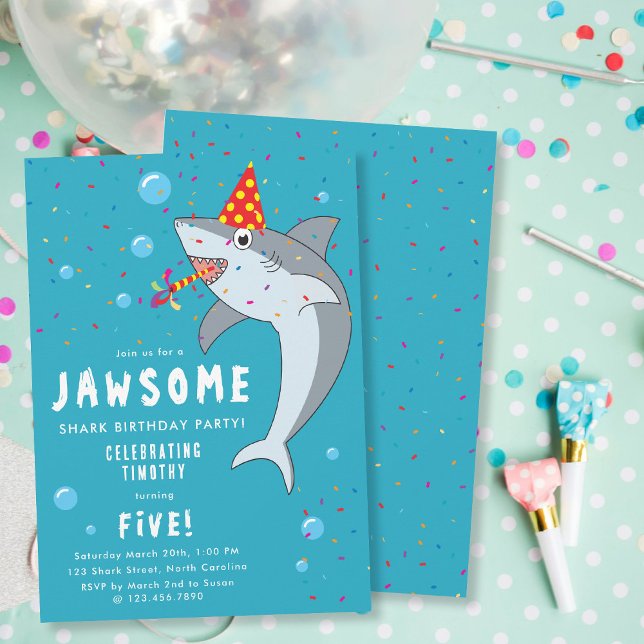 Invitación Tiburón blanco en Fiesta de cumpleaños de niños de (Cute Shark in Ocean Kids Birthday Party Invitation)