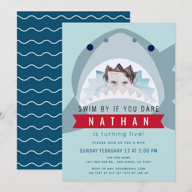Invitación Tiburón Light Blue Pool Boy Foto Cumpleaños (Anverso / Reverso)