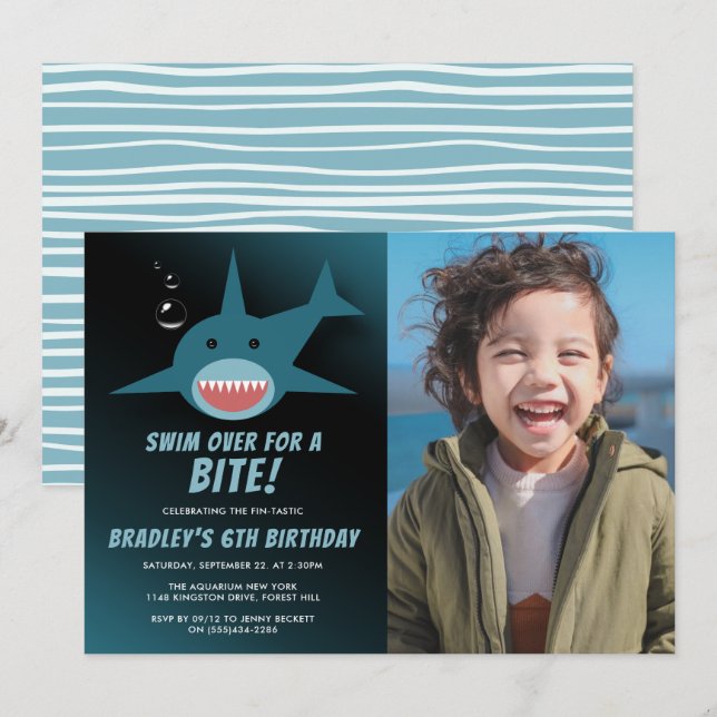Invitación Tiburón muerde cualquier edad foto de cumpleaños (Anverso / Reverso)