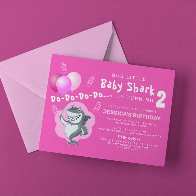 Invitación Tiburón Rosa Lindo | Cumpleaños con Globos Rosados (Subido por el creador)
