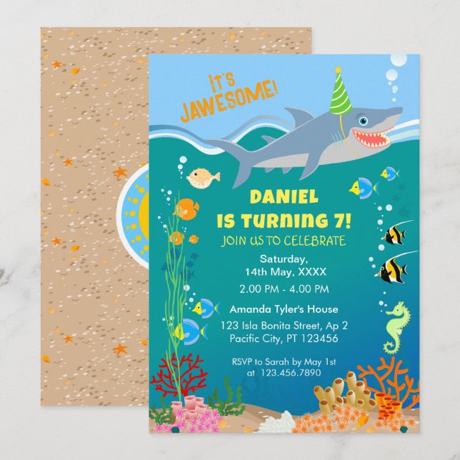 Invitación Tiburón sonriente bajo el mar chico Fiesta de cump (Anverso / Reverso)