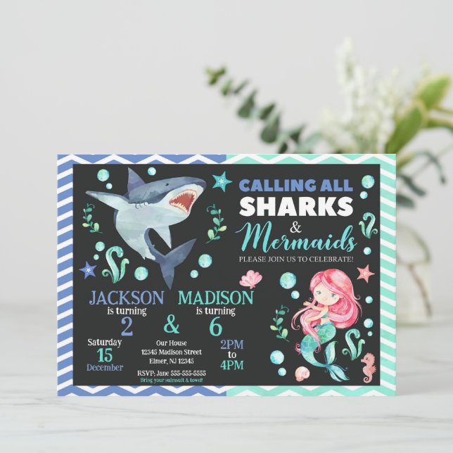 Invitación Tiburones y Sirenas Cumpleaños Compartido | Fiesta (Anverso de pie)