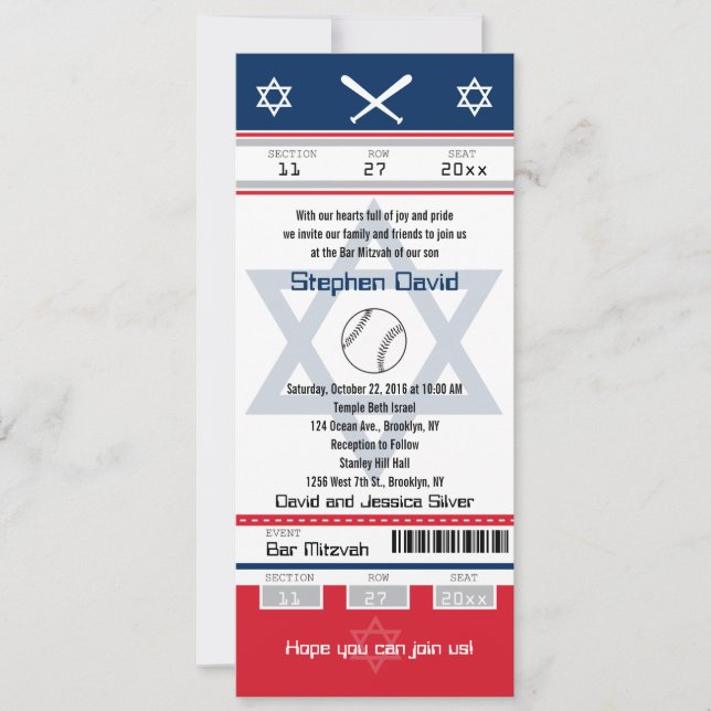 Invitación Ticket de béisbol Mitzvah Red Bar (Anverso)
