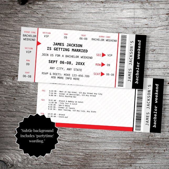 Invitación Ticket de conciertos Bachelor Weekend Itinerary (Concert Ticket Music Bachelor Weekend Itinerary Invitation)