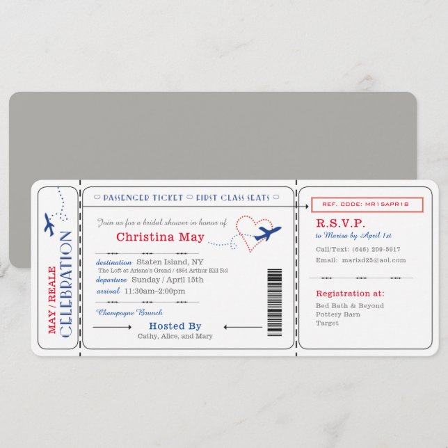 Invitación Ticket de pases de embarque Ducha de novias Invita (Anverso / Reverso)