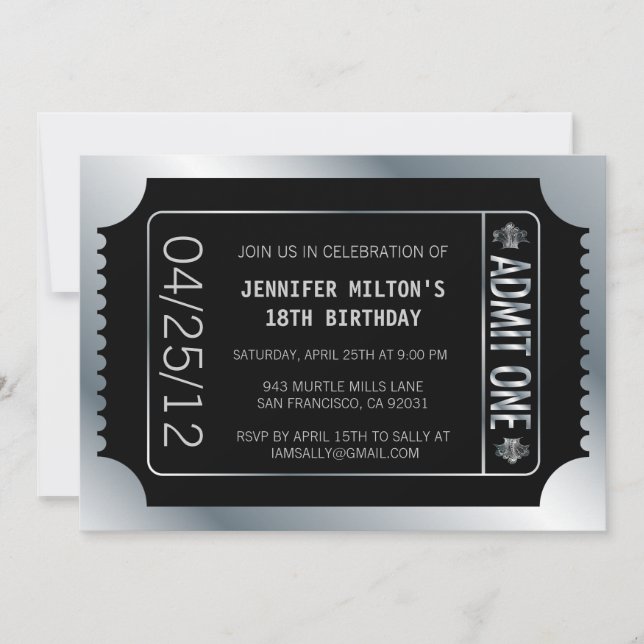Invitación Ticket de películas plateado (Anverso)