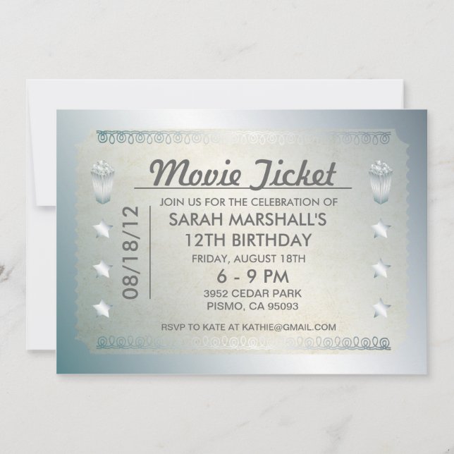 Invitación Ticket de películas plateado (Anverso)
