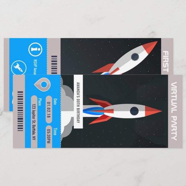 Invitación Ticket de viaje por la fiesta de cumpleaños virtua (Anverso / Reverso)