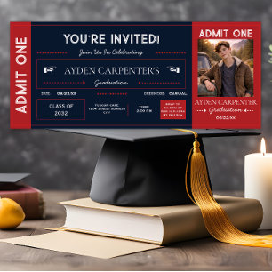 Invitación Ticket Falso de Graduación Rojo Escarlata y Azul M
