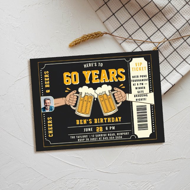 Invitación Ticket negro con tema de cerveza Hombres Adultos F (men birthday party invitation beer themed cheers photo black yellow orange ticket backyard)