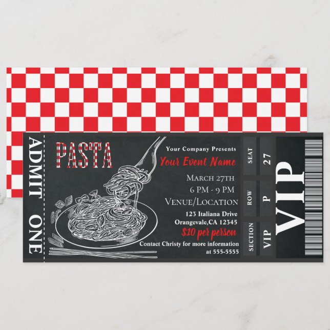 Invitación Ticket para Cena de Pasta VIP Rústica (Anverso / Reverso)