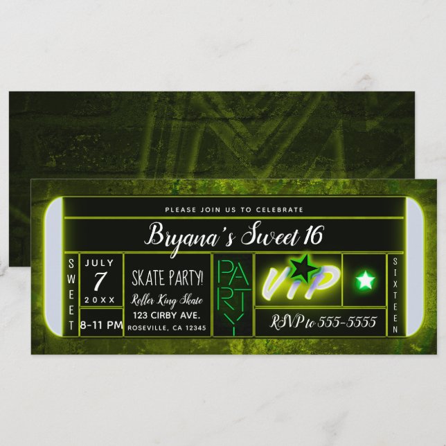 Invitación Ticket para Fiesta de Cumpleaños con Luz Verde y N (Anverso / Reverso)
