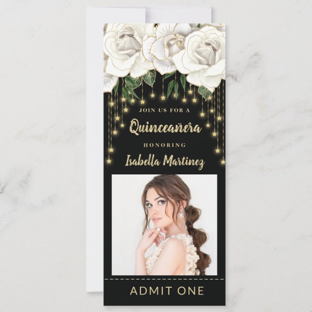 Invitación Ticket Quinceañera con luz blanca de cuerda de oro (Anverso)