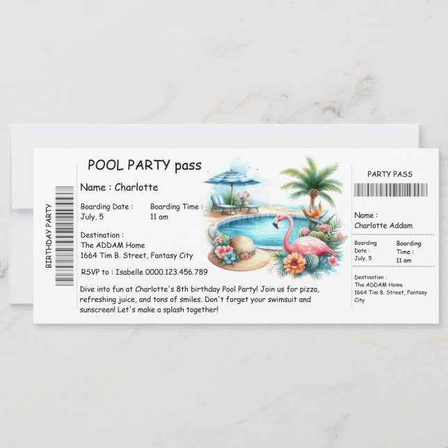 Invitación Ticket-Style Pool Party Invitation – Birthday Bash (Anverso)