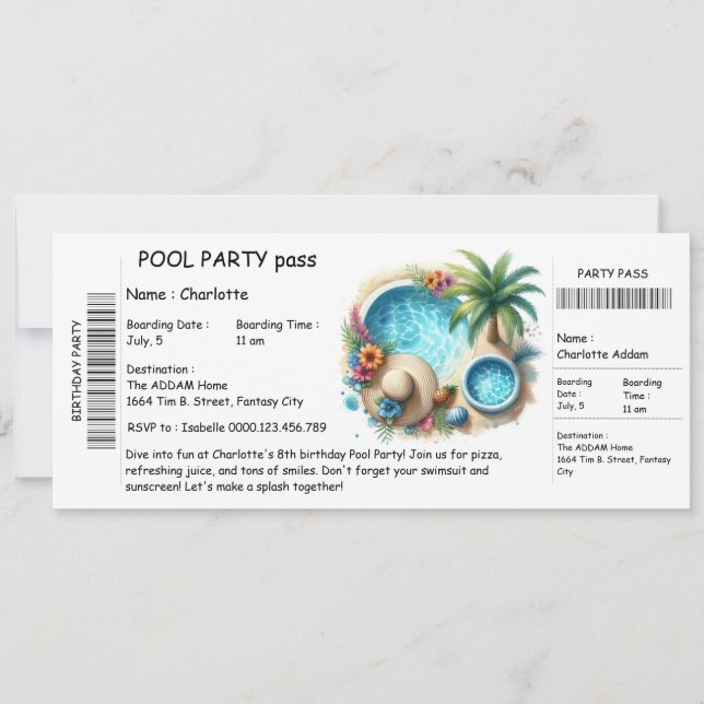 Invitación Ticket-Style Pool Party Invitation – Birthday Bash (Anverso)