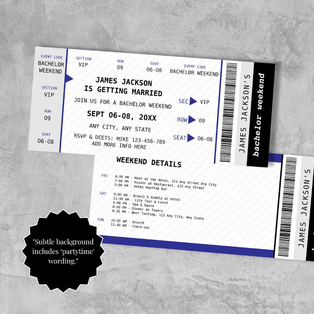 Invitación Ticket Ticket Bachelor Weekend Itinerary ("Subtle background includes ‘partytime' wording.")