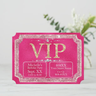 Invitación Ticket VIP de Purpurina Rosa Brillante y Dorado
