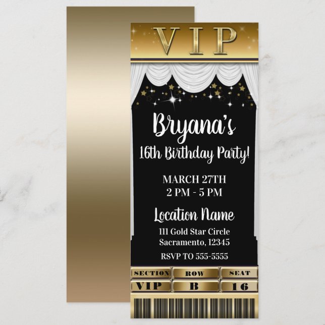 Invitación Ticket VIP Fiesta elegante con cortinas blancas es (Anverso / Reverso)