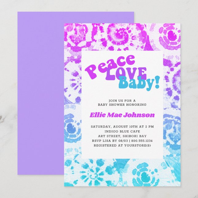Invitación Tie Dye Baby Shower Retro Peace Love Baby (Anverso / Reverso)