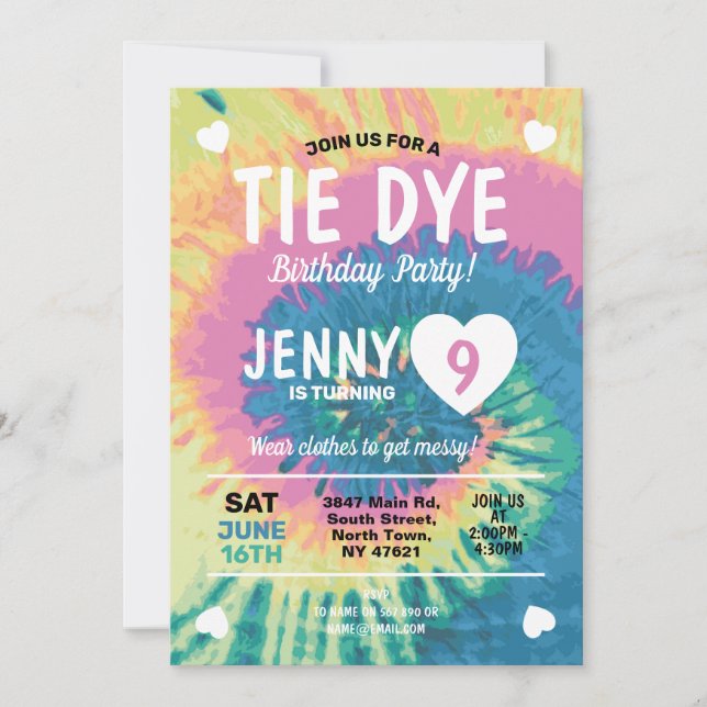 Invitación Tie Dye Birthday, desordenados Chicas divertidos (Anverso)