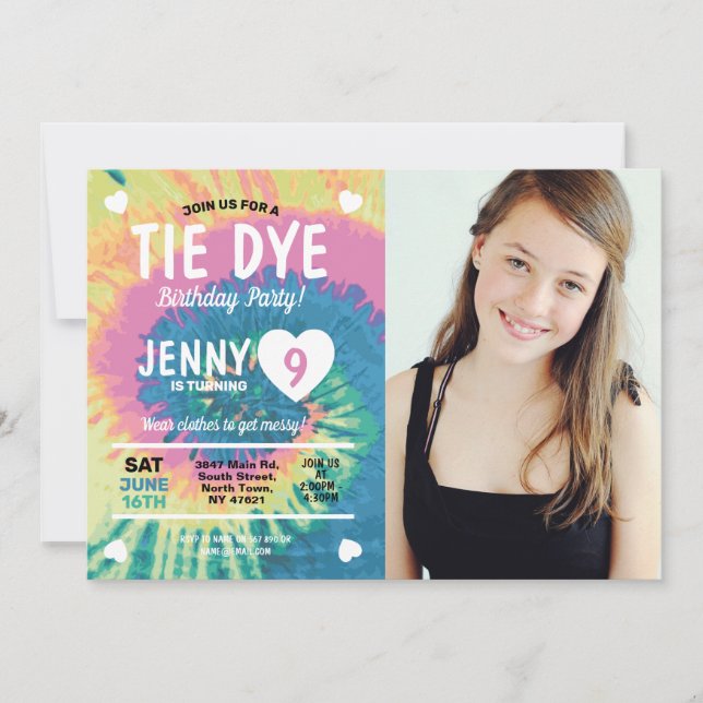 Invitación Tie Dye Birthday Get Messy Fun Chica Foto (Anverso)