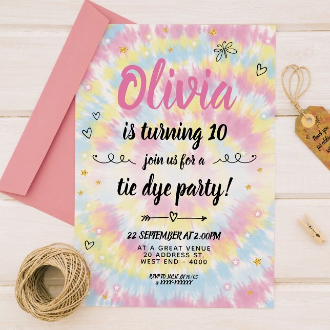 Invitación Tie Dye Birthday Party (Experience the groovy colored patterns of tie dye with this  bright tie dye birthday invitation!)