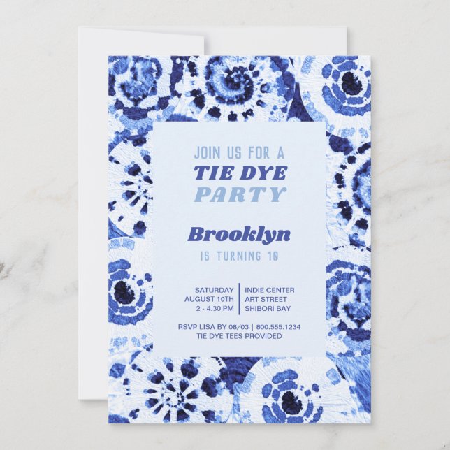 Invitación Tie Dye Birthday Party Blue Shibori (Anverso)