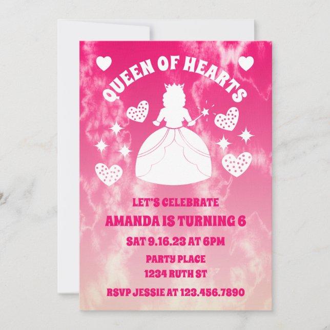 Invitación Tie Dye Queen Of Hearts Cumpleaños (Anverso)