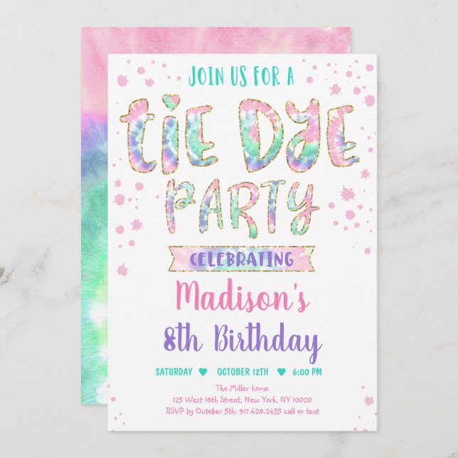 Invitación Tie Dye Rainbow Boho Hippie Chicas Cumpleaños (Anverso / Reverso)