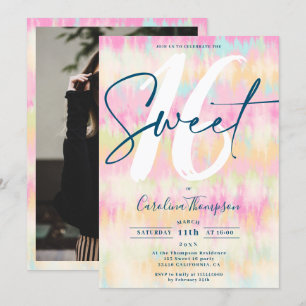 Invitación Tie dye unicornio arcoiris color pastel foto Sweet