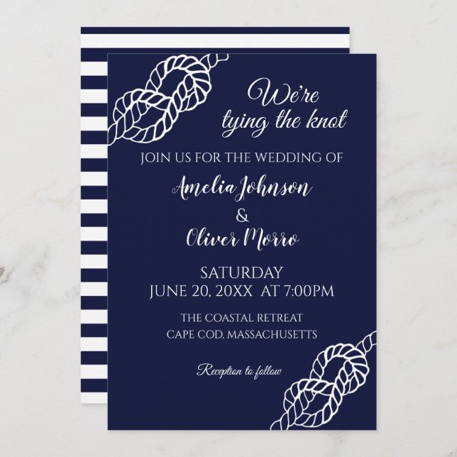 Invitación Tied The Knot Nautical Rope White Navy Wedding (Anverso / Reverso)