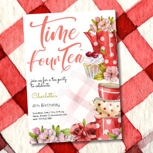 Invitación Tiempo cuatro té, cuarto cumpleaños para los niños