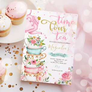Invitación Tiempo Cuatro Té Floral Rosa 4º Cumpleaños Tea Par