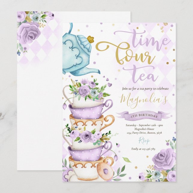 Invitación Tiempo Cuatro Té Morado Floral 4º Cumpleaños ParTE (Anverso / Reverso)