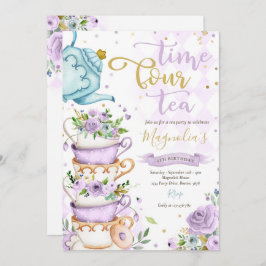 Invitación Tiempo Cuatro Té Morado Floral 4º Cumpleaños ParTE