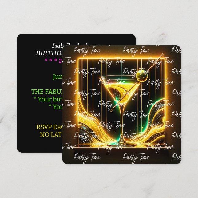 Invitación Tiempo de Fiesta de moda Neon personalizado (Anverso / Reverso)